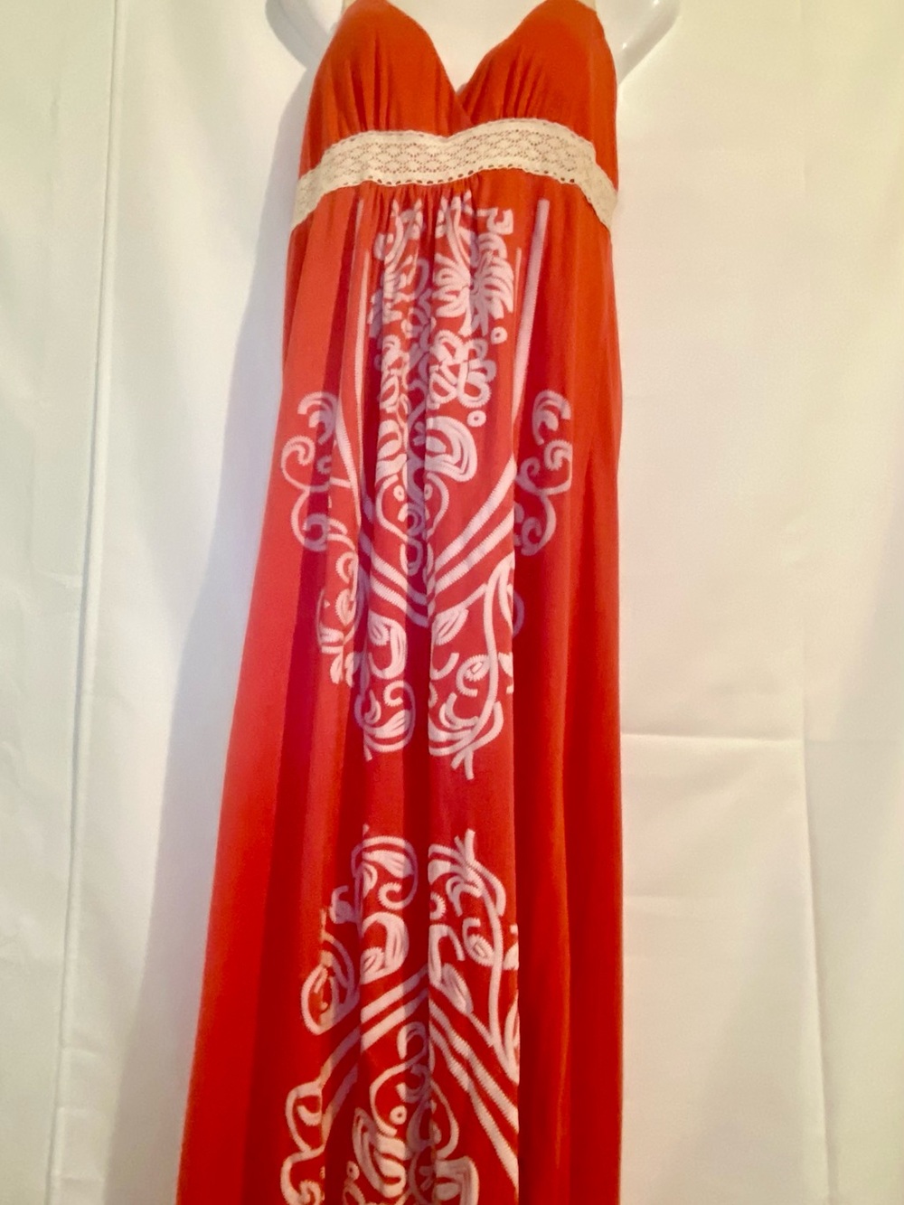 Shoreline Orange Maxi Dress with White Print and Crochet Waist Size XL